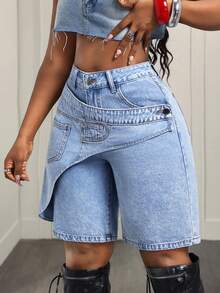 Slaydiva Plus Size Women's High Waist Loose Asymmetrical Patchwork Design Denim Shorts - Blue - View 8