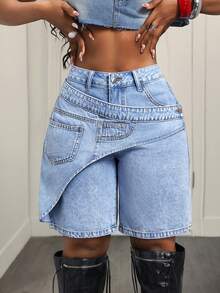 Slaydiva Plus Size Women's High Waist Loose Asymmetrical Patchwork Design Denim Shorts - Blue - View 3