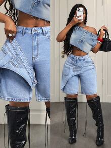 Slaydiva Plus Size Women's High Waist Loose Asymmetrical Patchwork Design Denim Shorts - Blue - View 1
