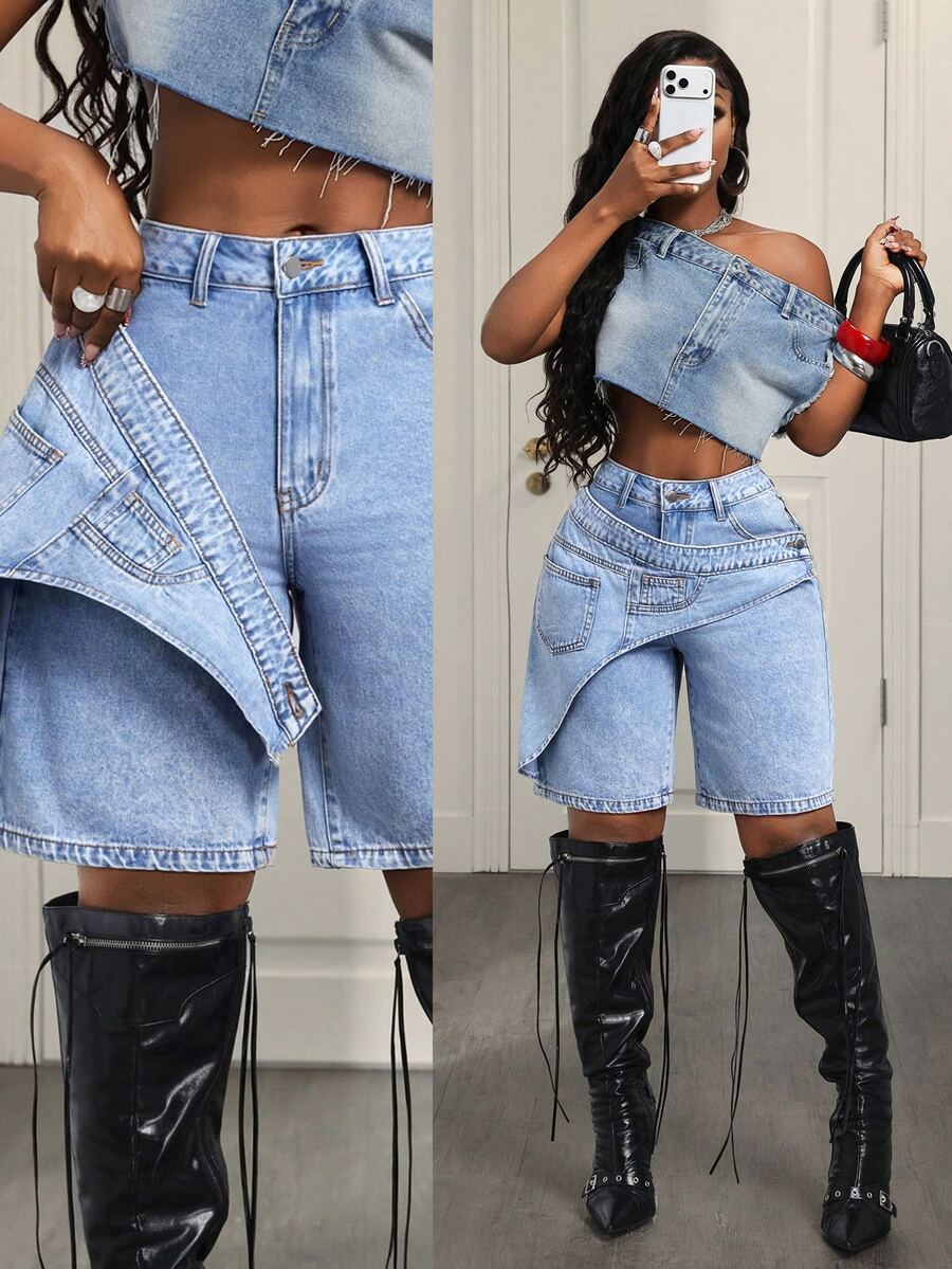 Slaydiva Plus Size Women's High Waist Loose Asymmetrical Patchwork Design Denim Shorts - Blue - View 1