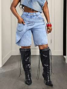 Slaydiva Plus Size Women's High Waist Loose Asymmetrical Patchwork Design Denim Shorts - Blue - View 7