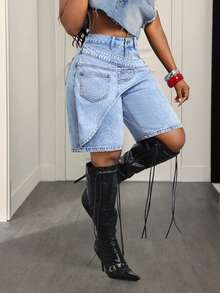 Slaydiva Plus Size Women's High Waist Loose Asymmetrical Patchwork Design Denim Shorts - Blue - View 5