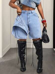Slaydiva Plus Size Women's High Waist Loose Asymmetrical Patchwork Design Denim Shorts - Blue - View 4