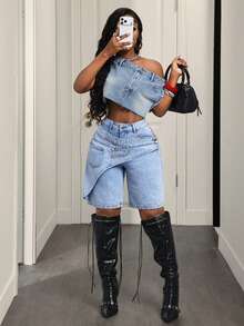 Slaydiva Plus Size Women's High Waist Loose Asymmetrical Patchwork Design Denim Shorts - Blue - View 6
