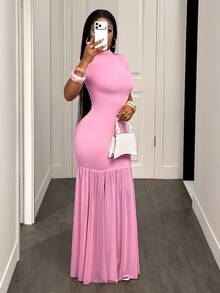 BamGleam Robe longue rose à col semi-Top, manches courtes, coupe slim, patchwork en maille, ourlet en queue de poisson, style sexy - Rose bonbon - Voir 7
