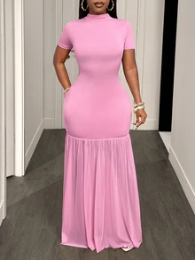 BamGleam Robe longue rose à col semi-Top, manches courtes, coupe slim, patchwork en maille, ourlet en queue de poisson, style sexy - Rose bonbon - Voir 4
