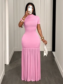 BamGleam Robe longue rose à col semi-Top, manches courtes, coupe slim, patchwork en maille, ourlet en queue de poisson, style sexy - Rose bonbon - Voir 5