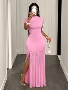 BamGleam Robe longue rose à col semi-Top, manches courtes, coupe slim, patchwork en maille, ourlet en queue de poisson, style sexy - Rose bonbon - Voir 6
