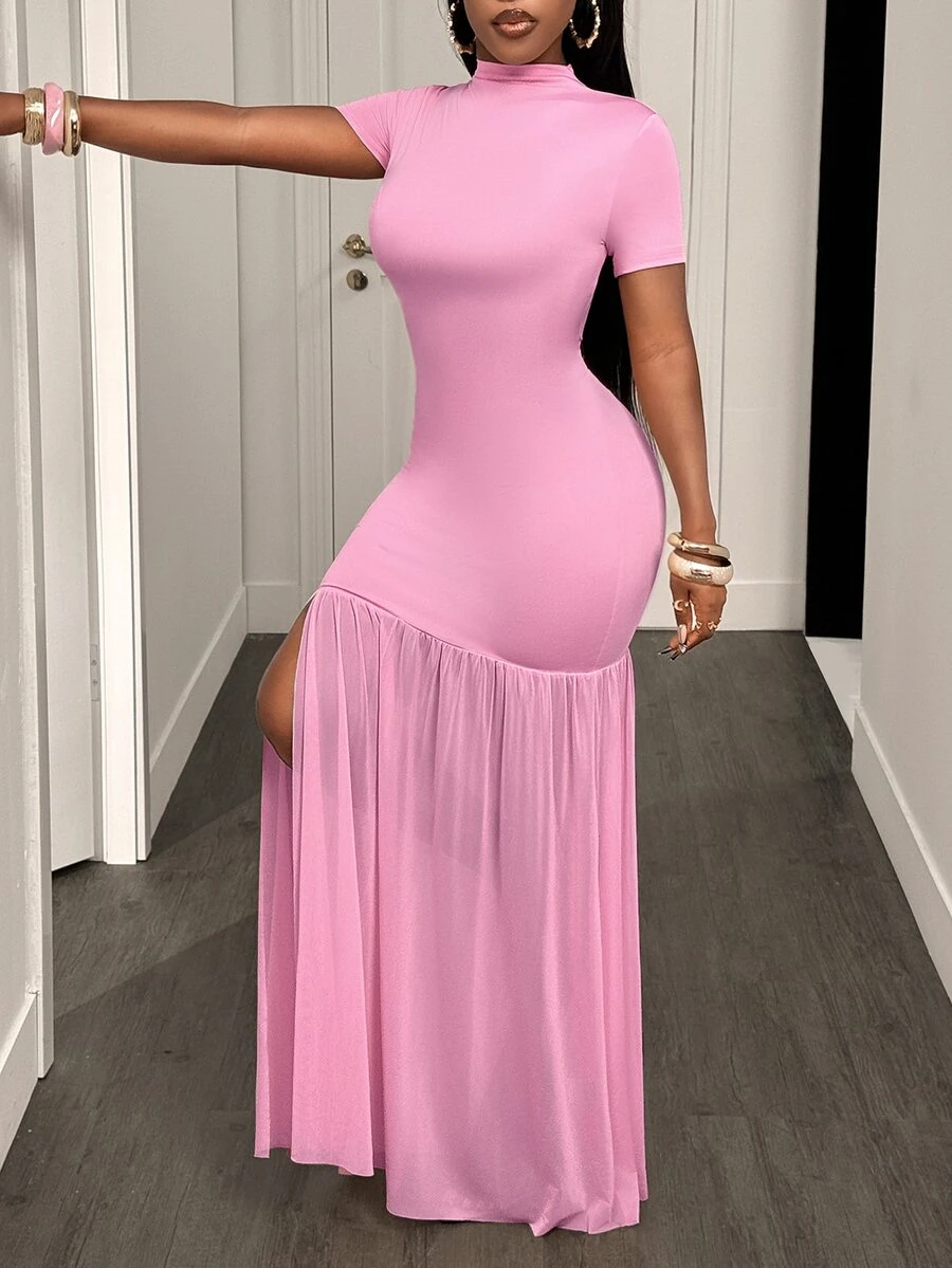 BamGleam Robe longue rose à col semi-Top, manches courtes, coupe slim, patchwork en maille, ourlet en queue de poisson, style sexy - Rose bonbon - Voir 1