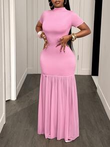 BamGleam Robe longue rose à col semi-Top, manches courtes, coupe slim, patchwork en maille, ourlet en queue de poisson, style sexy - Rose bonbon - Voir 3