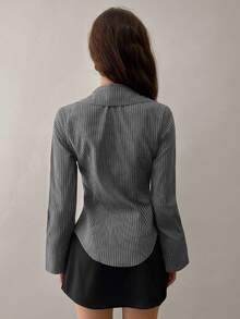 Sweetra Women's Button-Down Long Sleeve Striped Casual Business Blouse Women Shirt Fall Cloth For Women - Grey - View 2