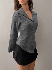 Sweetra Women's Button-Down Long Sleeve Striped Casual Business Blouse Women Shirt Fall Cloth For Women - Grey - View 4
