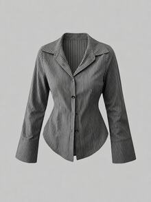 Sweetra Women's Button-Down Long Sleeve Striped Casual Business Blouse Women Shirt Fall Cloth For Women - Grey - View 1