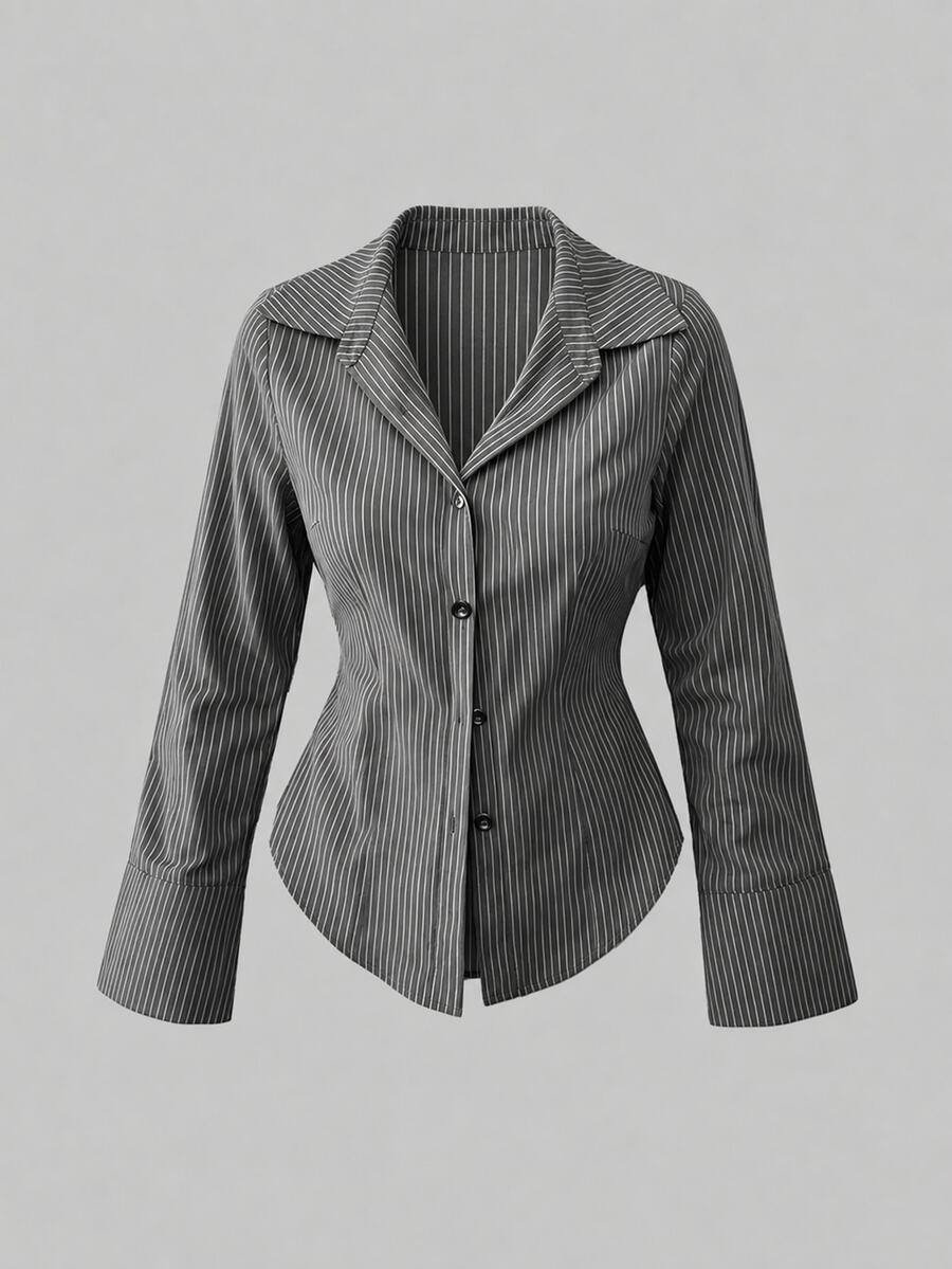 Sweetra Women's Button-Down Long Sleeve Striped Casual Business Blouse Women Shirt Fall Cloth For Women - Grey - View 1