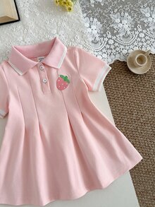 SHEIN 1件女嬰粉色格紋休閒可愛洋裝，羅紋領口袖口，適合休閒穿著、外出、運動、派對、家庭拍照，夏季款 - 粉色 - 查看 9