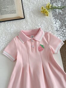 SHEIN 1件女嬰粉色格紋休閒可愛洋裝，羅紋領口袖口，適合休閒穿著、外出、運動、派對、家庭拍照，夏季款 - 粉色 - 查看 8
