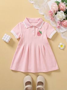 SHEIN 1件女嬰粉色格紋休閒可愛洋裝，羅紋領口袖口，適合休閒穿著、外出、運動、派對、家庭拍照，夏季款 - 粉色 - 查看 3