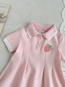 SHEIN 1件女嬰粉色格紋休閒可愛洋裝，羅紋領口袖口，適合休閒穿著、外出、運動、派對、家庭拍照，夏季款 - 粉色 - 查看 7