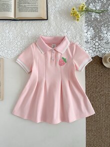 SHEIN 1件女嬰粉色格紋休閒可愛洋裝，羅紋領口袖口，適合休閒穿著、外出、運動、派對、家庭拍照，夏季款 - 粉色 - 查看 6