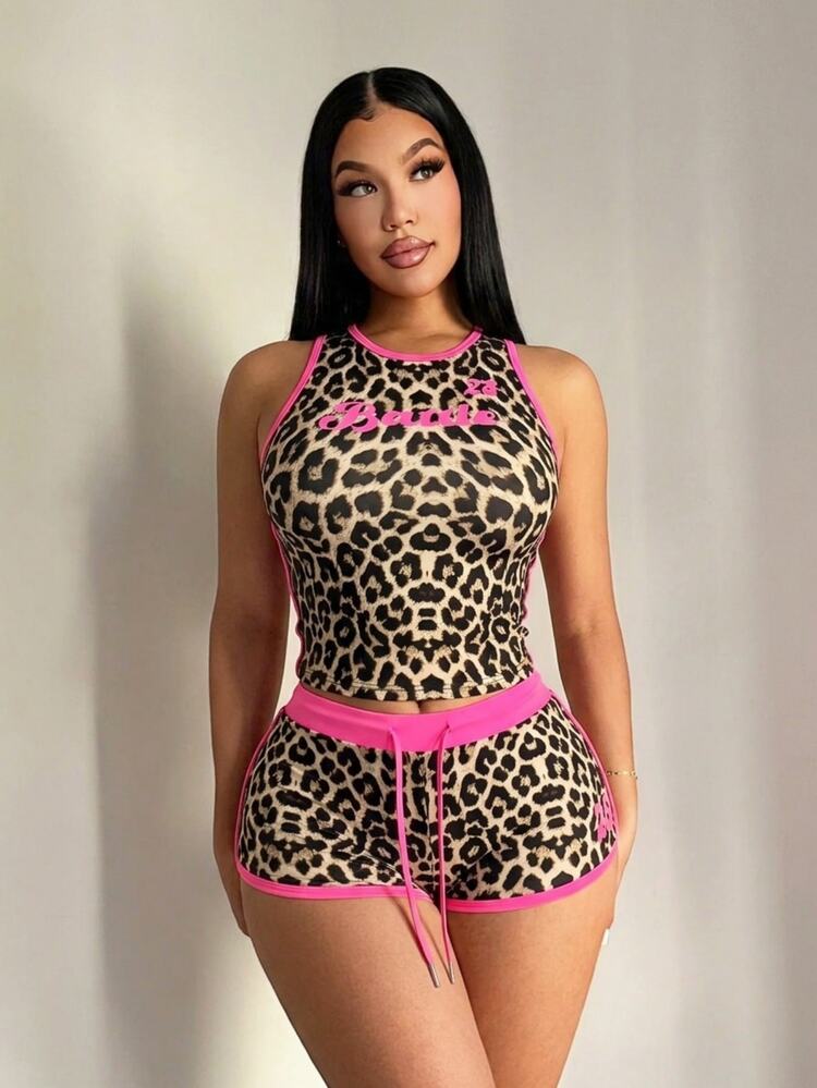 SHEIN SXY Plus-Size Leopard Letter Print Patchwork Beige Slim-Fit Cropped Tank Top Drawstring Shorts Two Pieces Set Everyday Wear Lounging Office Workout Y2k - Multicolor - View 3