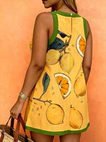 Vaclyn Plus Size Women's Casual Sleeveless Dress, Bohemian Style Summer Beach Vacation Comfortable Women's Color Block Lemon Leaf Print Sleeveless Dress, Suitable For Brunch And Other Elegant Occasions, Can Be Used For Vacation, Daily Wear, Suitable For Beach, Travel Must-Have - Orange - View 3