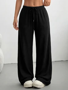 Comfortcana Plus Size Solid Color Drawstring Waist Loose Straight Leg Sweatpants - Black - View 7
