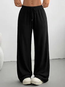 Comfortcana Plus Size Solid Color Drawstring Waist Loose Straight Leg Sweatpants - Black - View 1
