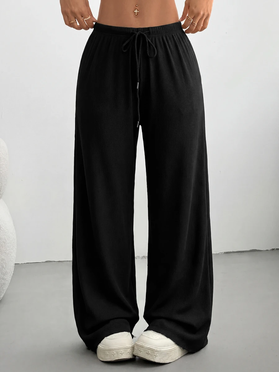 Comfortcana Plus Size Solid Color Drawstring Waist Loose Straight Leg Sweatpants - Black - View 1