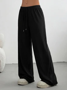 Comfortcana Plus Size Solid Color Drawstring Waist Loose Straight Leg Sweatpants - Black - View 4