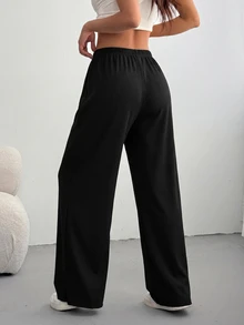 Comfortcana Plus Size Solid Color Drawstring Waist Loose Straight Leg Sweatpants - Black - View 2