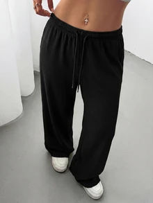 Comfortcana Plus Size Solid Color Drawstring Waist Loose Straight Leg Sweatpants - Black - View 5