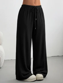 Comfortcana Plus Size Solid Color Drawstring Waist Loose Straight Leg Sweatpants - Black - View 3