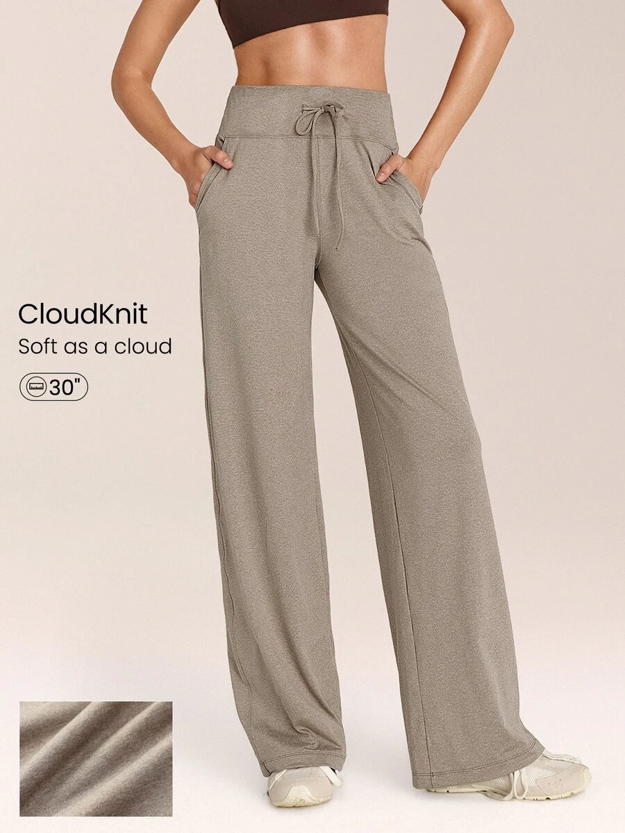 GLOWMODE 30" CloudKnit Soft Life Pants Wide-Leg Adjustable Drawstring Waist Side Slip Pockets Relaxed Fit Joggers Daily Casual Street Wear - Khaki - View 1