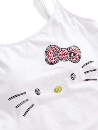 HELLO KITTY AND FRIENDS | ROMWE Set di 2 pezzi canottiera con motivo Y2K e strass nero & bianco (con coppe imbottite)