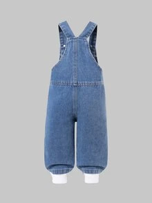 SHEIN Baby Girl Denim Overalls Casual Simple Medium Blue Adjustable Straps Washed Effect Front Chest Pocket Loose Straight Leg Soft Cotton White Summer - Medium Wash - View 3