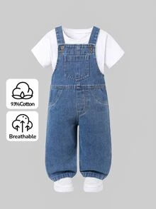 SHEIN Baby Girl Denim Overalls Casual Simple Medium Blue Adjustable Straps Washed Effect Front Chest Pocket Loose Straight Leg Soft Cotton White Summer - Medium Wash - View 2