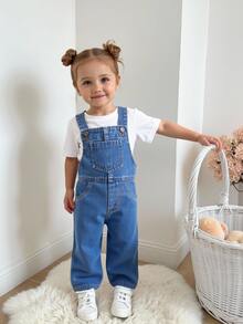 SHEIN Baby Girl Denim Overalls Casual Simple Medium Blue Adjustable Straps Washed Effect Front Chest Pocket Loose Straight Leg Soft Cotton White Summer - Medium Wash - View 4