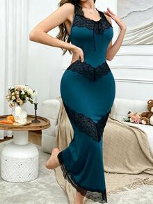 SHEIN قميص نوم نسائي بتصميم ضيق مع تصميم جزئي من الدانتيل وذيل سمك السمك - ازرق مخضر - مشاهدة 5