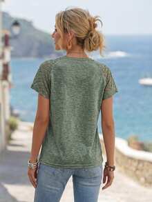 Faunlyn Elegant Lace Splice Slim Fit Short Sleeve T-Shirt - Dark Green - View 2