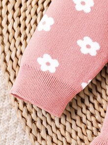 SHEIN Playful Pals 女童針織毛衣洋裝，時尚可愛圓領修身版型，卡通花卉提花針織裙，柔軟舒適 - 粉色 - 查看 6