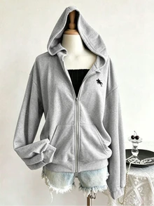 SHEIN 秋冬女款連帽拉鍊外套 街頭風圖案休閒混搭 運動衫 長袖 刷毛 針織面料 校園灰 - 灰色 - 查看 8