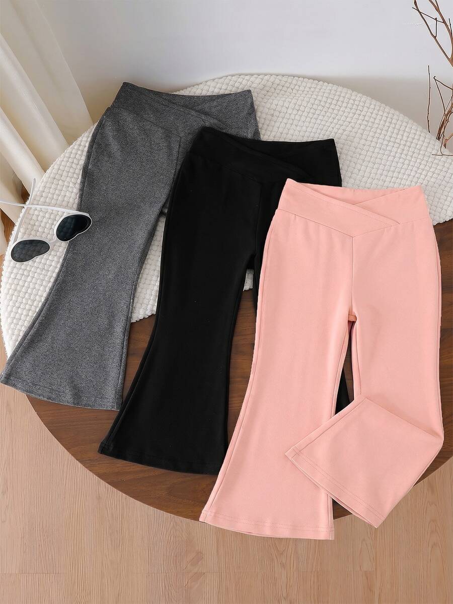 SHEIN Genkimix Kids 3pcs/Set Girls Basic Black, Dark Grey & Pink High Waist Flare Pants, Suitable For Autumn/Winter Daily Wear - Multicolor - View 1