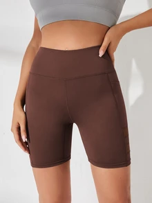 SHEIN Sports 女款素色拼接網布運動短褲（附口袋） - 咖啡棕 - 查看 3