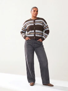Solavibe Plus Size Autumn/Winter Casual Soft Form Normal Colorblock Brown Cardigan Back-To-School Office Work Bussines Graduation Party,Quarter-Zip Knit - Multicolor - View 3