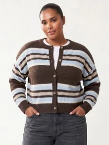 Solavibe Plus Size Autumn/Winter Casual Soft Form Normal Colorblock Brown Cardigan Back-To-School Office Work Bussines Graduation Party,Quarter-Zip Knit - Multicolor - View 1