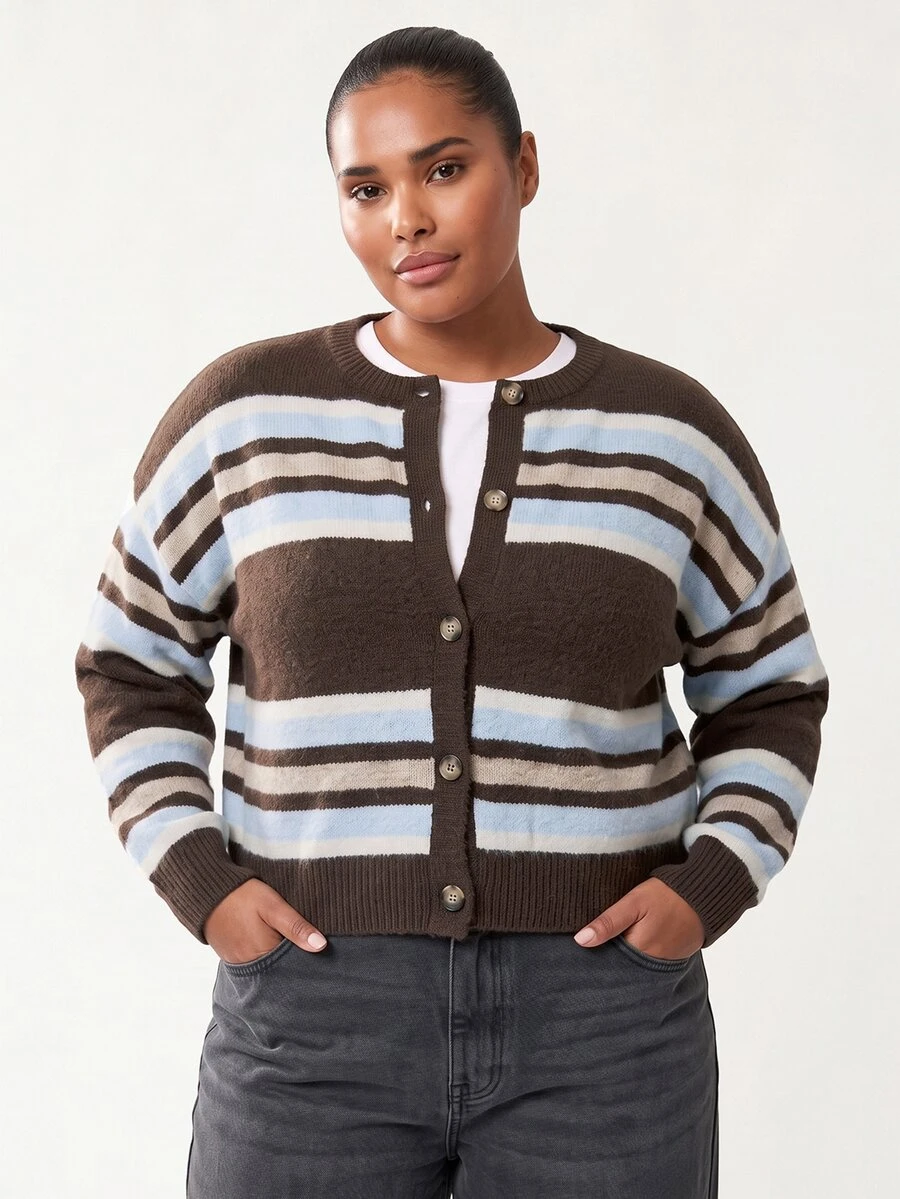 Solavibe Plus Size Autumn/Winter Casual Soft Form Normal Colorblock Brown Cardigan Back-To-School Office Work Bussines Graduation Party,Quarter-Zip Knit - Multicolor - View 1