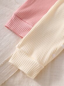 Newborn Organic Cotton Rib Knit Fall Autumn/Winter Romper, Dusty Rose, Multi-Piece Set Long Sleeve Round Neck Solid Button Pants Family Home Cute Baby - Multicolor - View 6