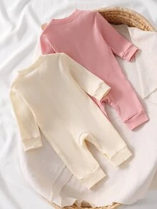 Newborn Organic Cotton Rib Knit Fall Autumn/Winter Romper, Dusty Rose, Multi-Piece Set Long Sleeve Round Neck Solid Button Pants Family Home Cute Baby - Multicolor - View 3