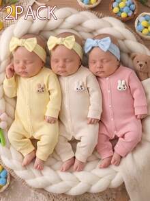 Newborn Organic Cotton Rib Knit Fall Autumn/Winter Romper, Dusty Rose, Multi-Piece Set Long Sleeve Round Neck Solid Button Pants Family Home Cute Baby - Multicolor - View 9