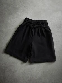 PAVTROS Men's Hip-Hop Streetwear Embroidered Double Waistband Drawstring Casual Shorts - Black - View 2
